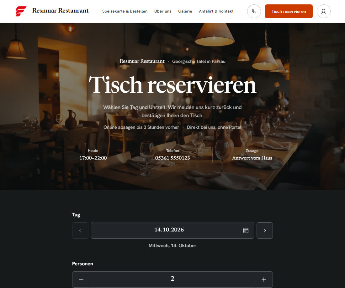 Online-Reservierung des Demo-Restaurants – freie Zeiten, Warteliste, «ausgebucht» ehrlich markiert