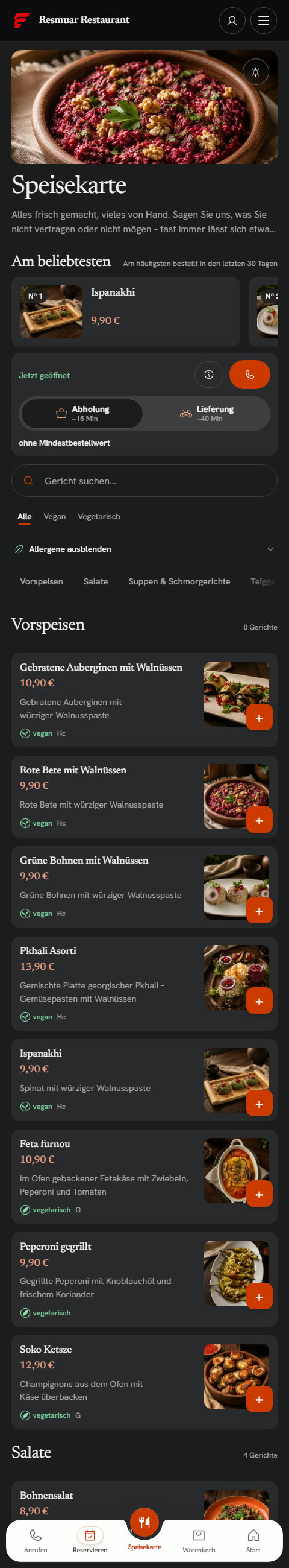 Digitale Speisekarte des Demo-Restaurants auf dem Telefon, mit Filtern und Allergenen