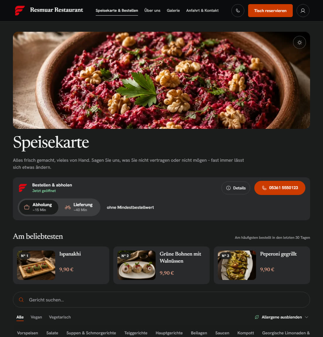 Digitale Speisekarte des Demo-Restaurants im Browser – Filter, Allergene, Preise