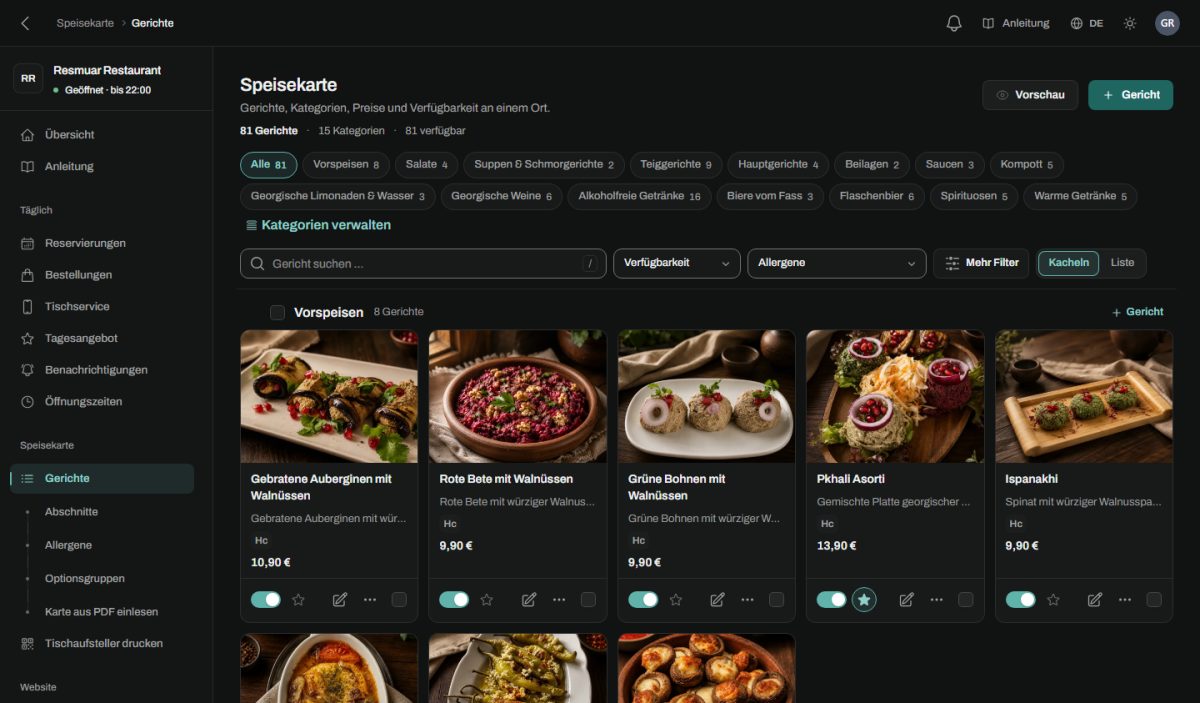 Die Karte im Panel, mit Allergenen und Preisen.
