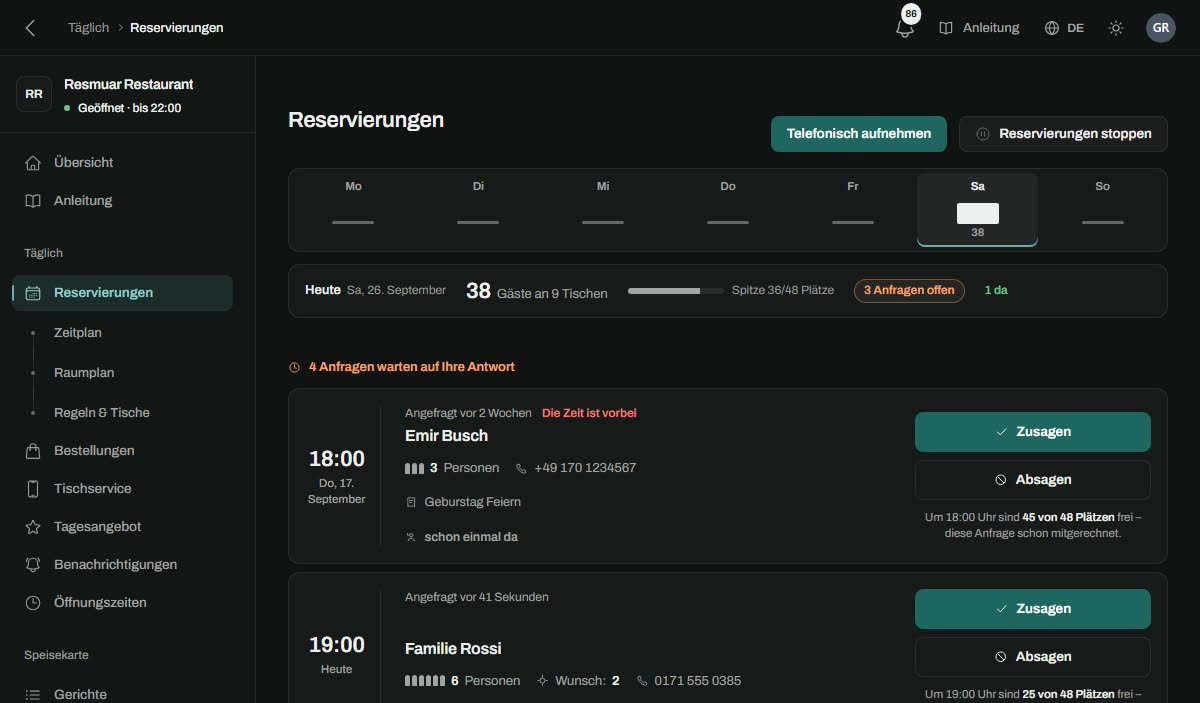 Das Tagesbuch im Panel: Wochenleiste und die kommenden Reservierungen mit Status.