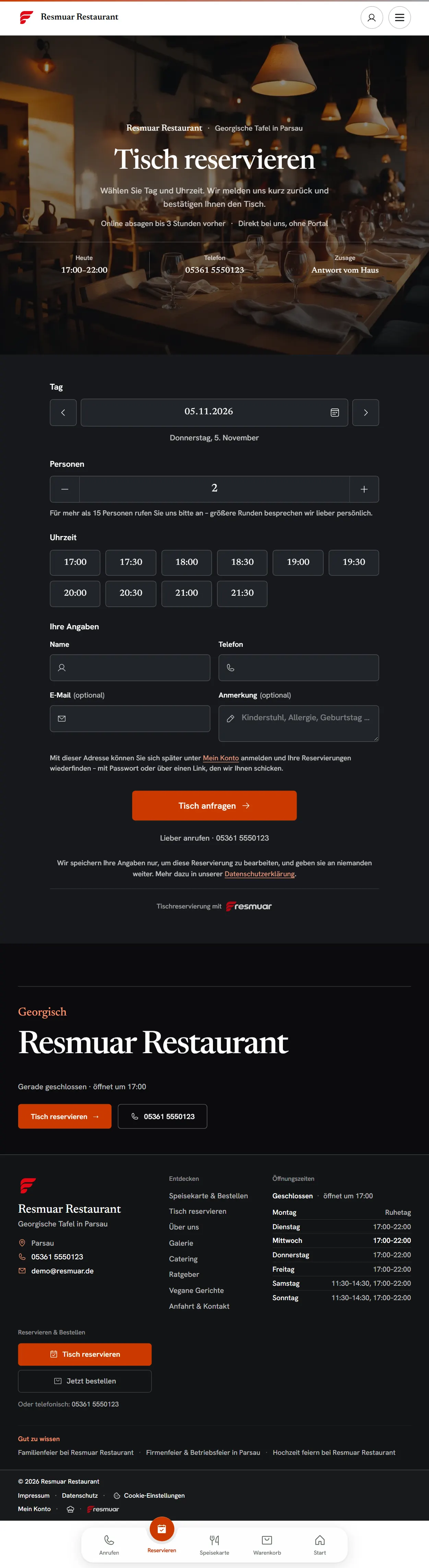 Die Tischreservierung des Demo-Restaurants auf dem Tablet: Tag, Uhrzeit, Personen.