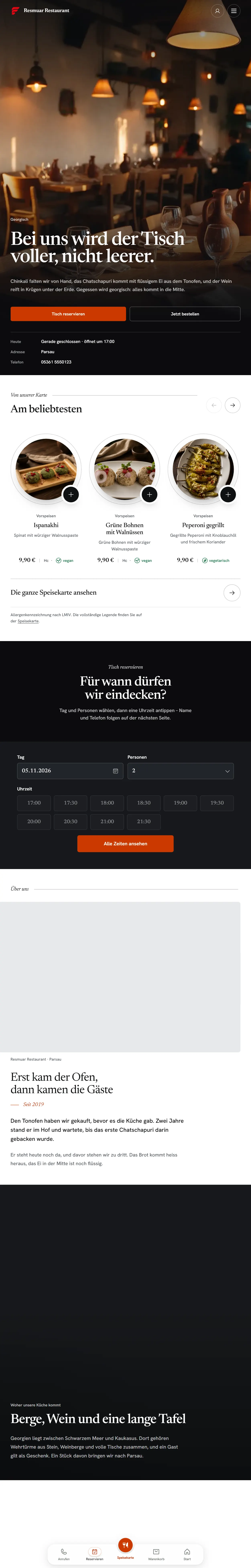 Startseite des Demo-Restaurants auf dem Tablet, in ganzer Länge.